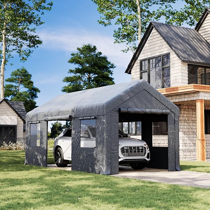10x20ft Heavy Duty Carport, Reinforced Frame, Weatherproof Canopy with Roll-up Ventilated Windows & Sidewalls, Easy Assembly Portable Car Shelter for Garage/Storage/Party