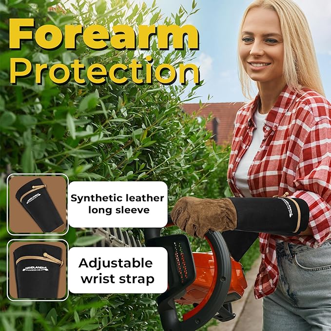 HANDLANDY Long Gardening Gloves for Men & Women, Cowhide Leather Rose Pruning Gloves, Breathable Thorn Proof Gauntlet Glove (Brown-Cowhide, L)