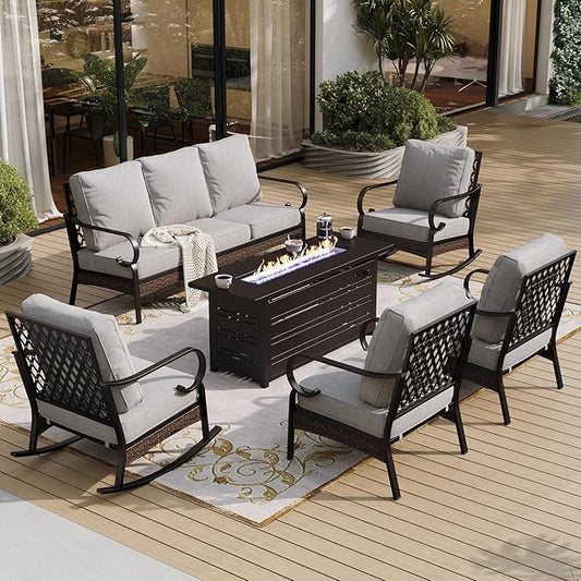 6 Piece Black Metal Outdoor Patio Furniture Set with Firepit Table, Patio Conversation Sets 1 3-Seater Couch, 2 Sofa, 2 Rocking Sofa with 5.75" Cushion for Backyard Deck, Light Gray