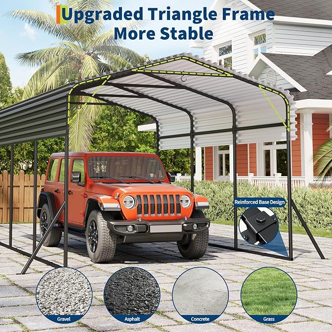 Metal Carport, 10x15 FT Outdoor Carport Canopy with Reinforced Base and Galvanized Steel Roof, Heavy Duty Garage Car Shelter Shade for SUV, Truck, Boats