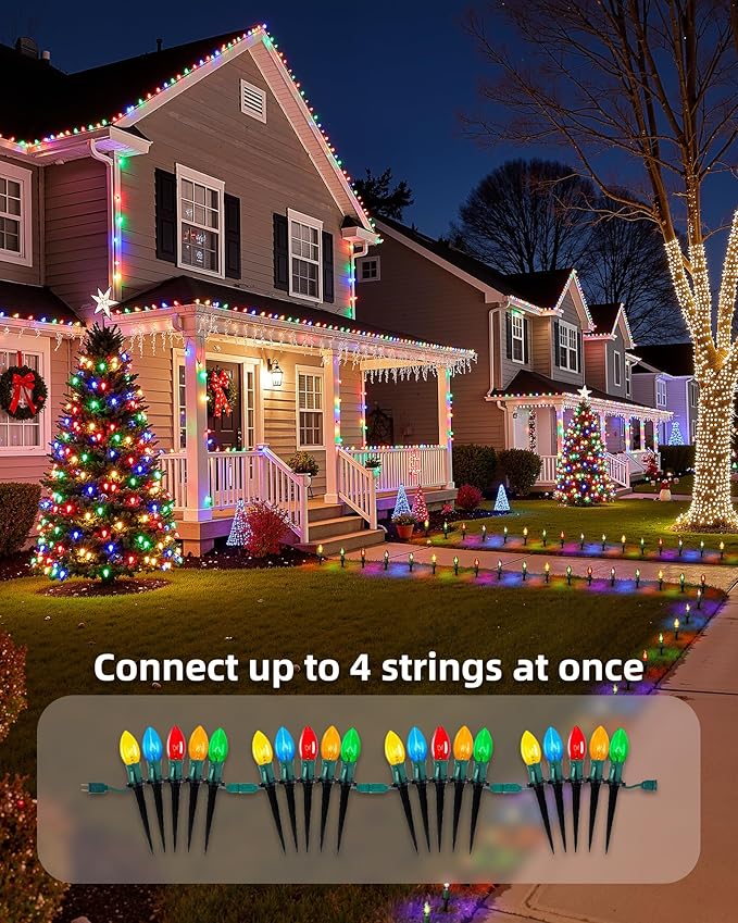 Christmas Pathway Lights Outdoor, 25.7 Feet C9 Lights with 20 Multicolor Bulbs and Stakes, Connectable Outdoor Christmas Decorations Outside Yard Walkway Sidewalk Holiday