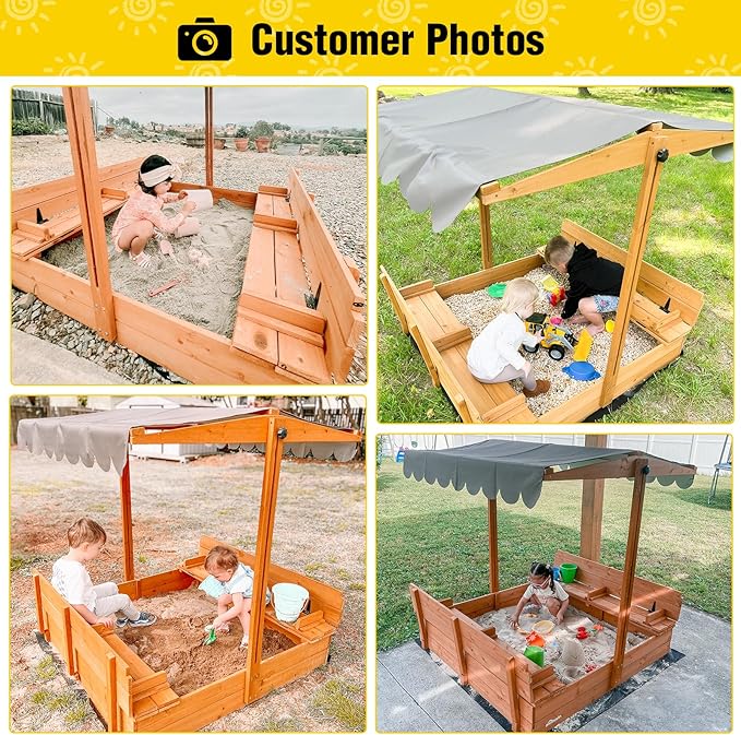 Aivituvin Kids Sand Boxes with Lid and Canopy, Outdoor Sandboxes with Cover, Foldable Bench Seats, Retractable Roof, Sand Table for Kids Ages 4-8 (Brown)
