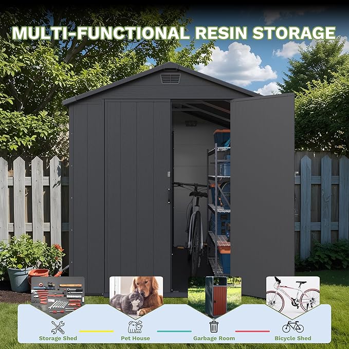 Greesum 6×8FT Plastic Outdoor Storage Shed with Floor, Resin Storaged Sheds with Lockable Double Door, Windows & Vents, All-Weather Tool Sheds for Garden, Backyard, Patio, Dark Gray