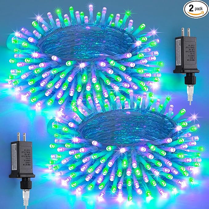 JMEXSUSS 2 Pack Purple and Green Halloween Lights, Total 200 LED 8 Modes Halloween String Lights Plug in, Each 33ft Connectable Christmas Lights Indoor Outdoor for Tree Porch Fireplace Decor