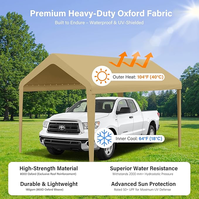 Canopy Replacement Cover, Carport Replacement Canopy, 800D Oxford Waterproof & UV Protected Tarp with Ball Bungees (Frame is not Included) (Beige, 12x20)