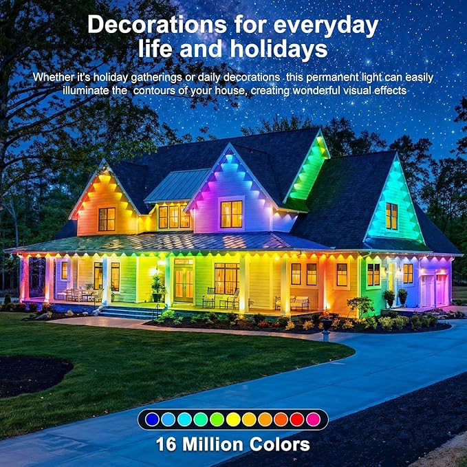 LITSOUL 300FT Permanent Outdoor Lights for House Waterproof, Smart RGB Eave LED Lighting with 16 Million Colors, IP67 Outdoor Strip Lights for Christmas Halloween Holiday Daily Decorations (300FT)