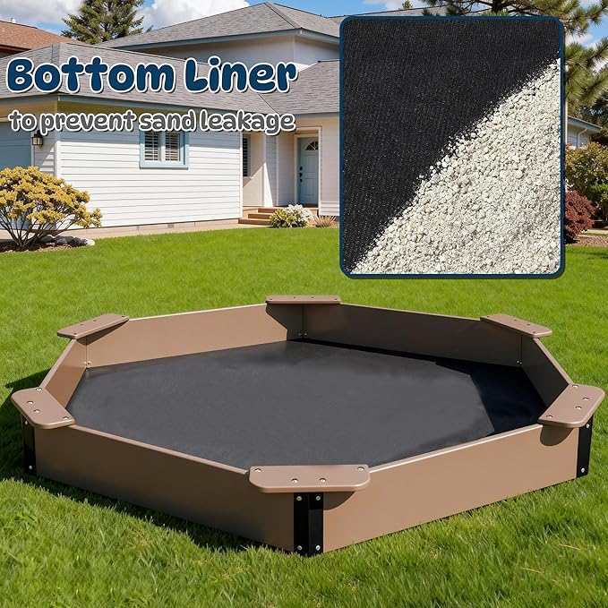 FOOWIN Hexagonal Outdoor Sandbox with Cover for Kids, HDPE Large Sandpit w/6 Benches, for Aged 3-12 Years Old, Sand Box for Children, Bottom Liner,Teak