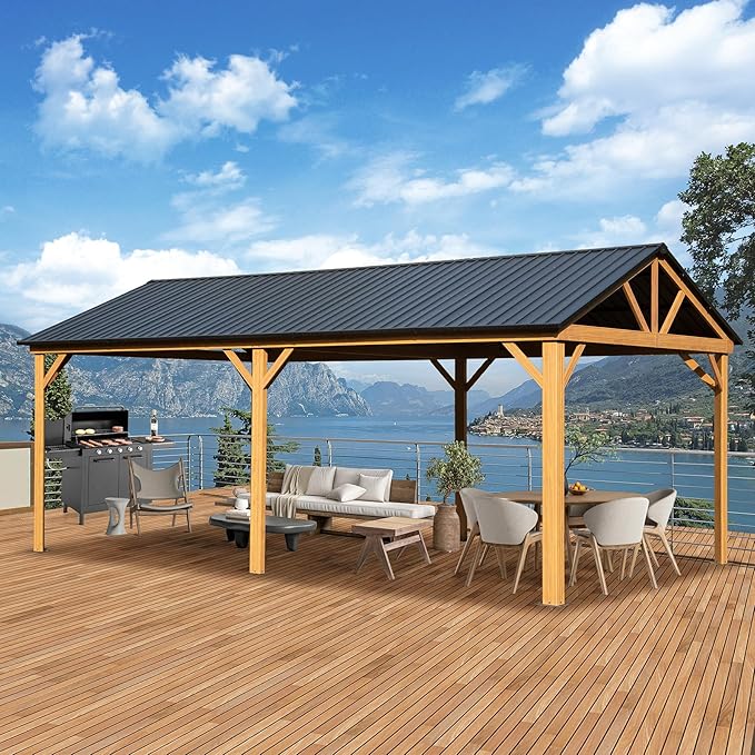 Domi 12’ x 20’ Hardtop Gazebo, Wooden Coated Aluminum Frame Canopy with Galvanized Steel Gable Roof, Outdoor Permanent Metal Pavilion for Patio, Deck and Lawn
