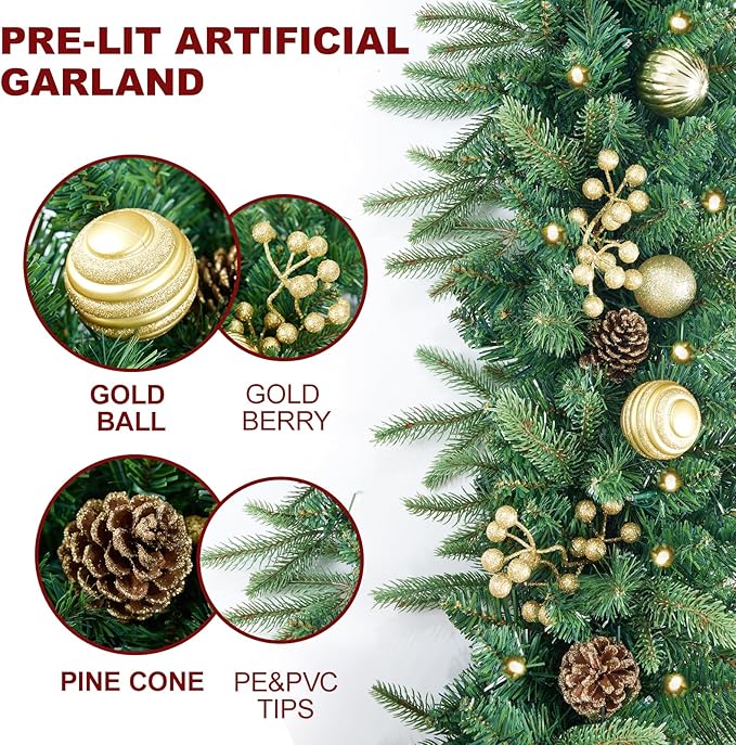 9FT Pre-Lit Artificial Christmas Garland with Dual Color LED Lights and Timer by Remote Control and Batteries Operated, Holiday Decorations, for Indoor Door Home Stairs Fireplaces Wall