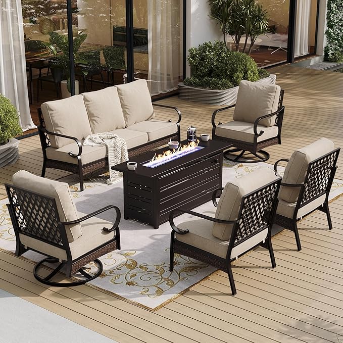 6 Piece Metal Outdoor Patio Furniture Sets with Firepit Table, Patio Conversation Sets 1 3-Seater Sofa, 2 Leg Chair and 2 Swivel Chair with 5.75" Cushion for Backyard Deck, Beige