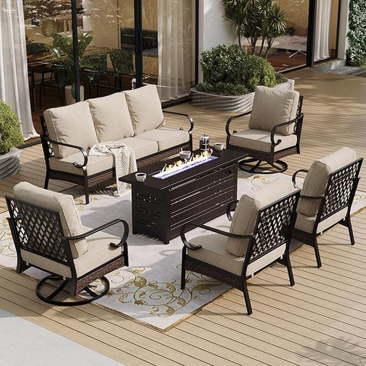 6 Piece Metal Outdoor Patio Furniture Sets with Firepit Table, Patio Conversation Sets 1 3-Seater Sofa, 2 Leg Chair and 2 Swivel Chair with 5.75" Cushion for Backyard Deck, Beige