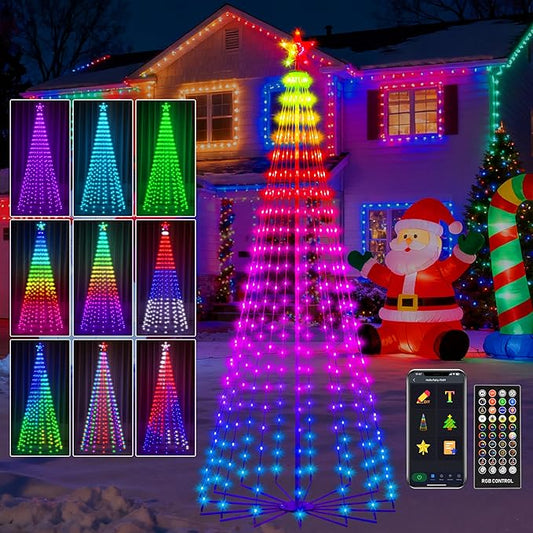 8FT Lighted Outdoor Christmas Tree, 340 LED Smart Cone Tree, Music Sync RGB Fairy Lights, LED Light Show, APP and Remote Control, Timer Function, Perfect for Outdoor Christmas Decorations