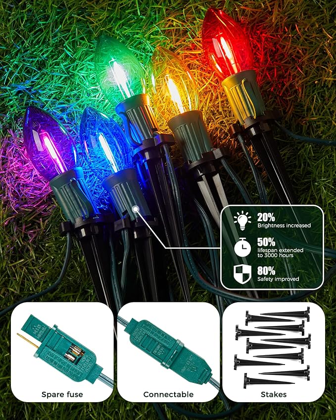C9 Christmas String Lights Outdoor - 25.7 Feet 20 LED Christmas Pathway Lights with 20 Stakes Connectable Waterproof for Driveways Xmas Holiday Patio Decoration, Multicolored