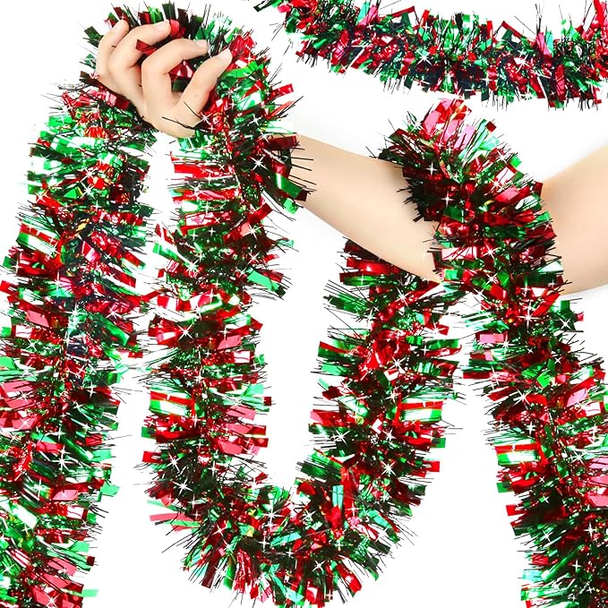 50ft Metallic Tinsel Garland - Christmas Tree Hanging Decorations for Indoor/Outdoor Use (Red, Green, Black)