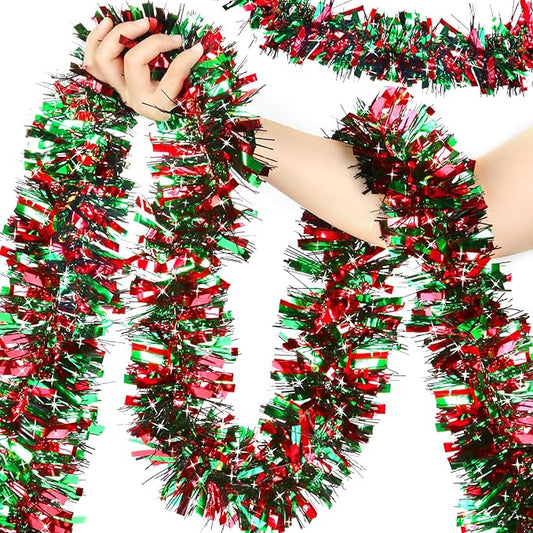 50ft Metallic Tinsel Garland - Christmas Tree Hanging Decorations for Indoor/Outdoor Use (Red, Green, Black)