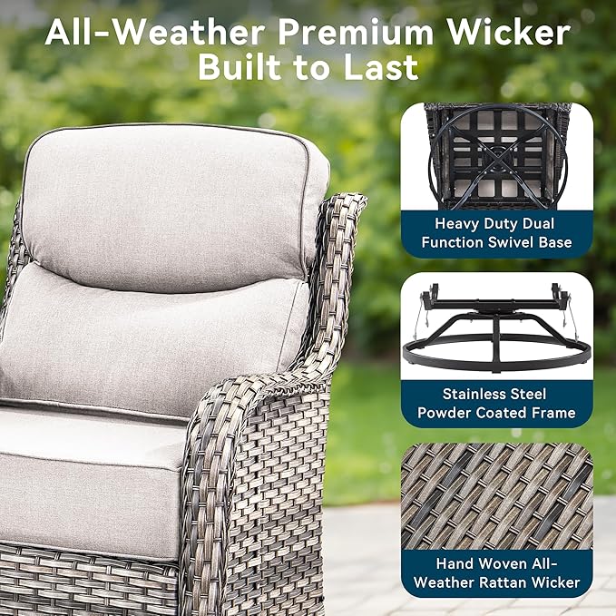 Luxury High Back Outdoor Swivel Rocker Patio Chairs with Side Table & 6-Inch Thick Cushions, 3 Pieces Patio Furniture Set for Porch, Balcony, Deck and Yard