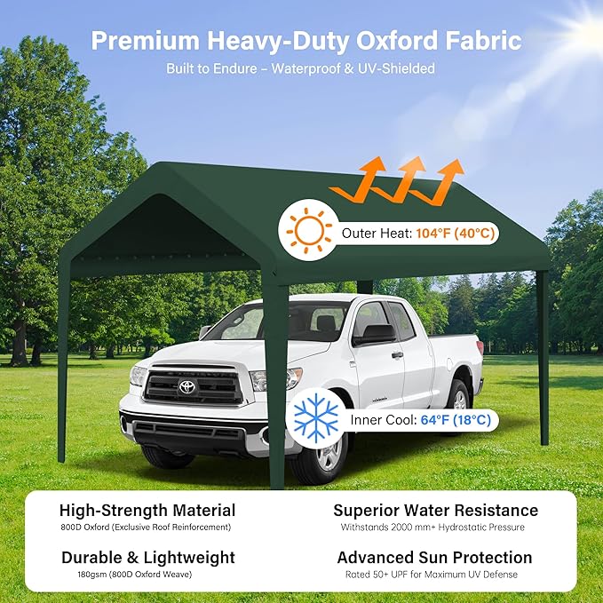 Canopy Replacement Cover, Carport Replacement Canopy, 800D Oxford Waterproof & UV Protected Tarp with Ball Bungees (Frame is not Included) (Green, 10x20)