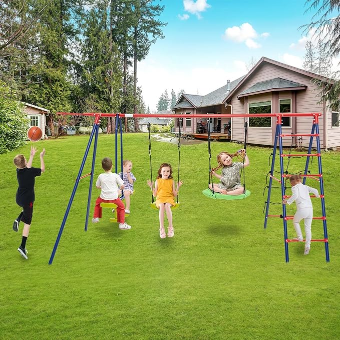 Costzon Swing Sets for Backyard, 6 in 1 Heavy-Duty Metal Swing Set with 2 Swings, Glider, Basketball Hoop, Climbing Ladder and Net, Playground Sets for Backyards, Outdoor Playset for Kids 3+ (Red)