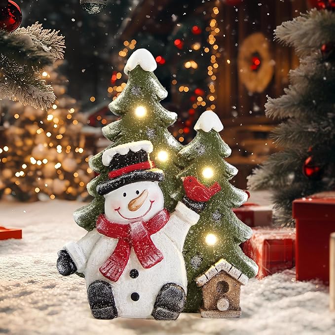 Christmas Snowman Decor with Led Lights,Snowman Statues and Figurines for Indoor Christmas Decorations,Winter Holiday Xmas gifts for Women,Xmas Statues with Timer for home Office Table Shelf Fireplace