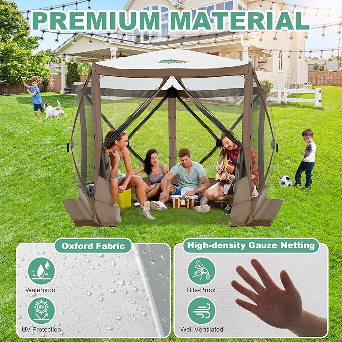 COBIZI 10x10ft Pop up Gazebo Screen House Tent for Camping, Pop-up Camping Canopy with Sidewalls,Portable Outdoor Quick-Set Hub Tent with Carrying Bag&Ground Stakes,Brown(Upgraded 2.0)