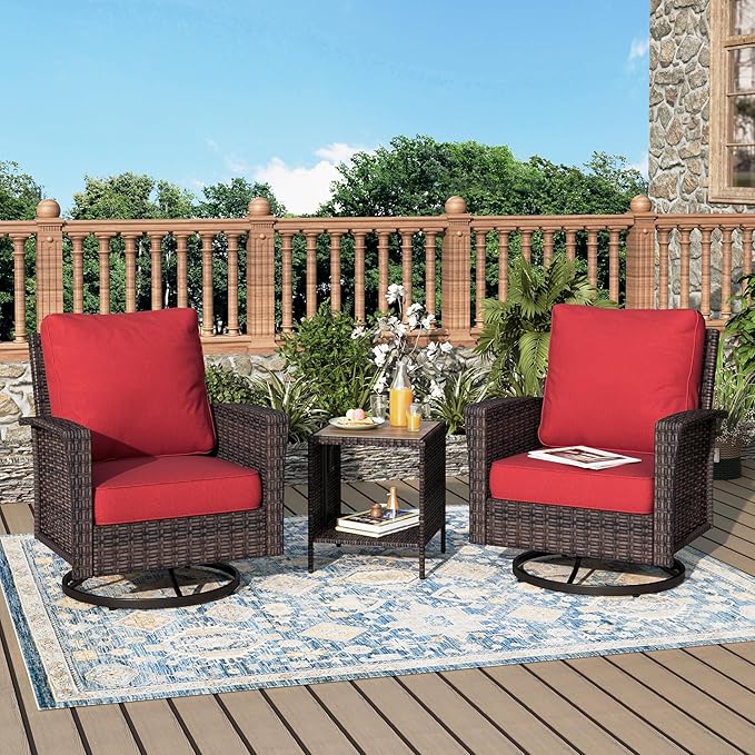 Outdoor Swivel Patio Chairs Set of 2 with Side Table, 3 Piece Wicker Highback Patio Bistro Set with Cushions for Deck Porch