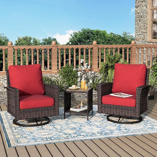 Outdoor Swivel Patio Chairs Set of 2 with Side Table, 3 Piece Wicker Highback Patio Bistro Set with Cushions for Deck Porch