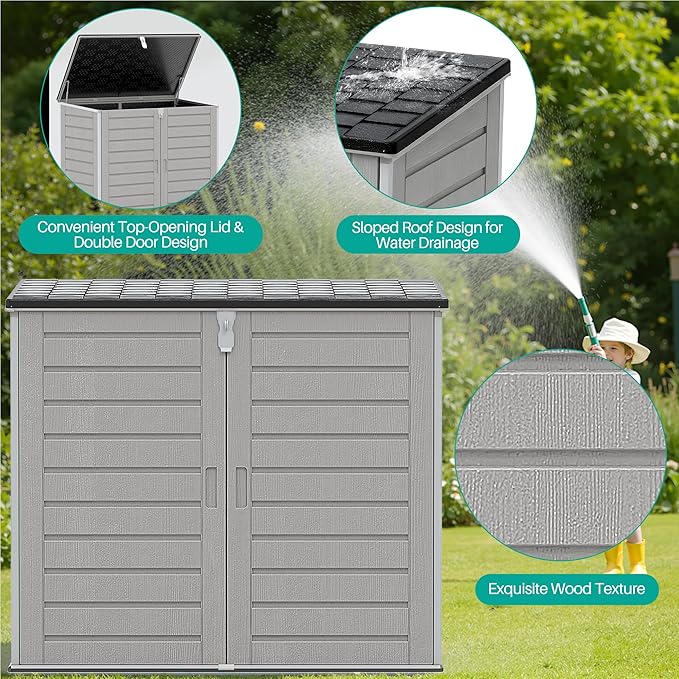 HUGROVE 49.5 Cu ft Storage Shed, 4.6 x 4.1 FT Outdoor Storage Horizontal Resin Shed, Weather Proof Water Proof PP Material, Lockable Door, Outdoor Storage Box for Trash Cans, Patio, Garden (4.6x4.1)