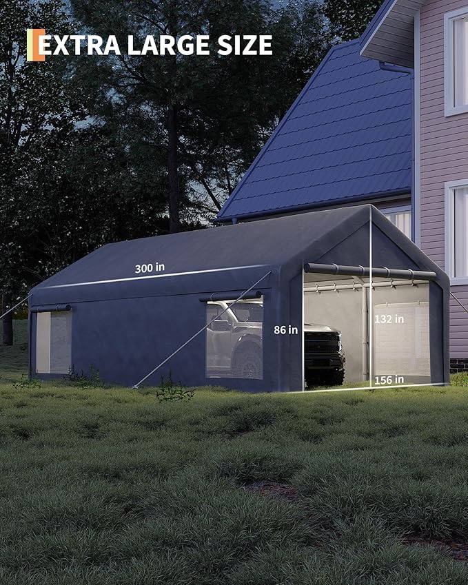 13X25 FT Portable Carport Garage with Roll-Up Windows & Doors, Heavy-Duty 200g PE Tarp, Waterproof & UV Protected Outdoor Shelter for Car, Boat, Truck, Motorcycle