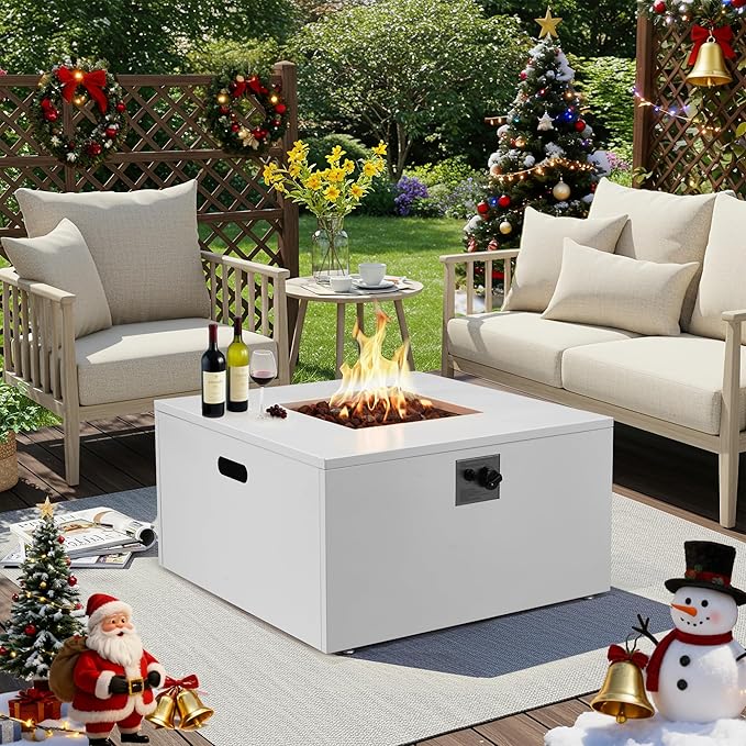 ECOTOUGE 32 Square Propane Fire Pit Table, 50,000 BTU Outdoor Gas Fire Pit with Lid, Steel Fireplace w/Weather-Resistant Pit Cover, Lava Rocks for Patio, CSA Certified, White