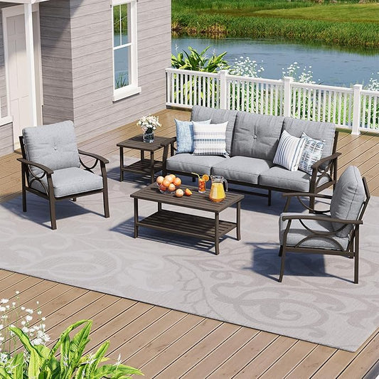 5-Pieces Outdoor Patio Furniture Set, Outdoor Metal Sectional Furniture with Cushions, Outdoor Conversation Seating Set with Coffee Table for Garden, Balcony, Deck, Backyard, Grey