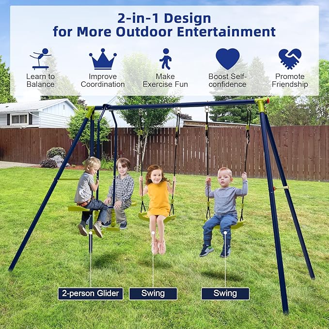 Costzon 440 lbs Swing Set for Backyard, 2-in-1 Heavy Duty Extra Large Metal Swing Frame with 2 Swings, Glider, Adjustable Hanging Ropes, Outdoor Playground Play Equipment, Swing Stand for Kids