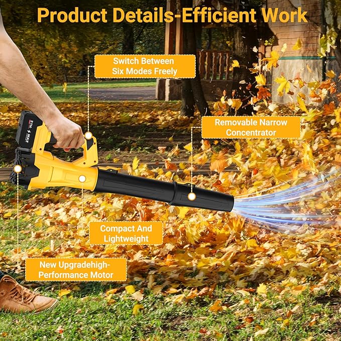 Cordless Leaf Blower, Electric Leaf Blower with Battery & Charger ? 2¡¿4.0Ah Batteries, 6 Speed Modes, 21V Powerful Lightweight Handheld Blower for Lawn Care, Patio Cleaning, Car Drying, Dust