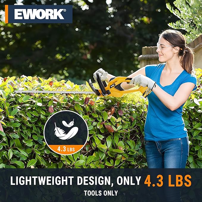 EWORK 20V Cordless Hedge Trimmer 22-Inch Electric Bush Trimmer, 5/8 Cutting Capacity, Battery Powered Lightweight Handheld Shrub Trimmers with Battery and Charger for Garden, Yard