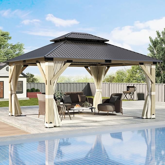 13'x15' Wood Gazebo,Cedar Wood Hardtop Gazebo with Netting and Curtains, Outdoor Wooden Frame Gazebos with Galvanized Steel Double Roof for Patio Garden Deck