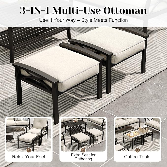 7-Piece Outdoor Patio Furniture Set, Outdoor Metal Sectional Furniture with Cushions, Outdoor Conversation Seating Set with Side Table for Backyard, Garden, Balcony, Deck, Black