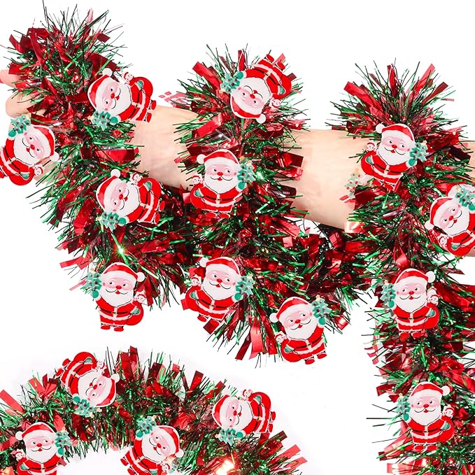 50FT Red Green Christmas Tinsel Garland with Santa Claus Ornaments, Metallic Xmas Christmas Tree Garland Decorations Indoor Outdoor for Home Fireplace Mantle Stair Office Classroom Party Holiday Decor