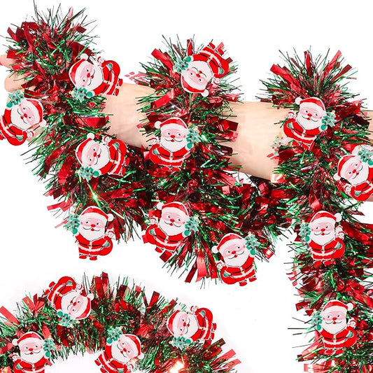 50FT Red Green Christmas Tinsel Garland with Santa Claus Ornaments, Metallic Xmas Christmas Tree Garland Decorations Indoor Outdoor for Home Fireplace Mantle Stair Office Classroom Party Holiday Decor