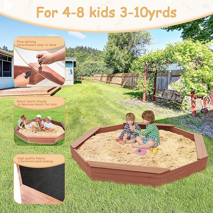 Wooden Octagonal Sandbox with Cover, Outdoor Sandpit with 4 Bench Seats, Sand Box for Children, Beach for Backyard, Patio, Garden£¬red