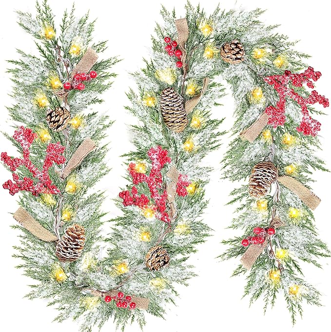 Christmas Garland with 50 Lights for Mantle - 6 Ft Snowy Cedar Garland with Pine Cones Red Berries Artificial Greenery Garlands with Timer, Prelit Garland for Holiday Table Centerpiece