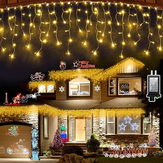 810 LED Christmas Lights Outdoor Indoor, 82ft Warm White String Lights with 180 Drops, 12 Modes Dimmable Curtain Lights with Timer, Waterproof Twinkle Fairy Lights for Bedroom Window Xmas Decor