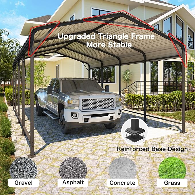 12x20FT Metal Carport, Heavy Duty Carport Canopy with Reinforced Frame and Base for All-Weather, Outdoor Garage Car Port for Pickup Trucks, Boats, Tractors or Party