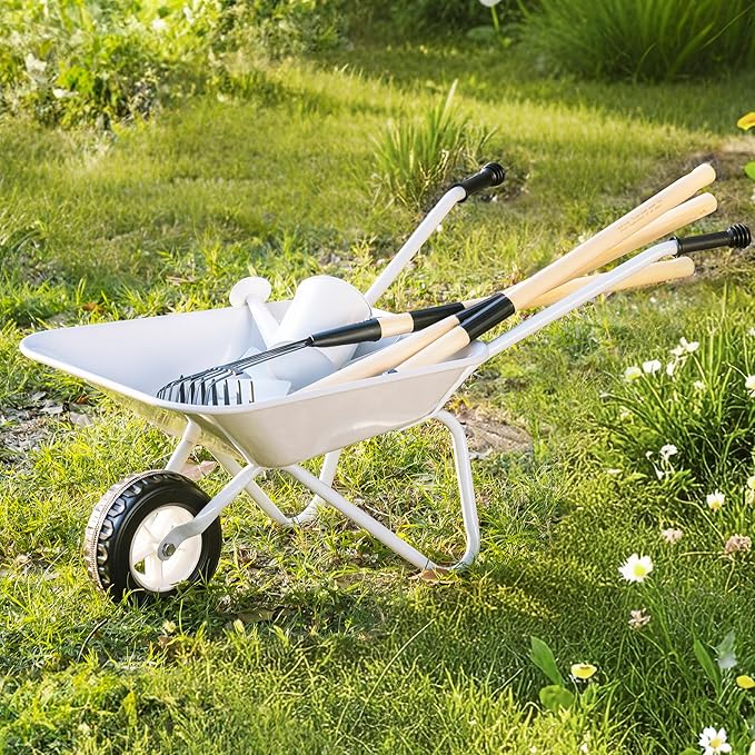 ROBOTIME Kids Wheelbarrow with Gardening Set – Metal Wheelbarrow Toddler Outdoor Play Toy with Garden Tools, Watering Can & Plant Labels, Pretend Play Yard Equipment for Boys and Girls (Gray)