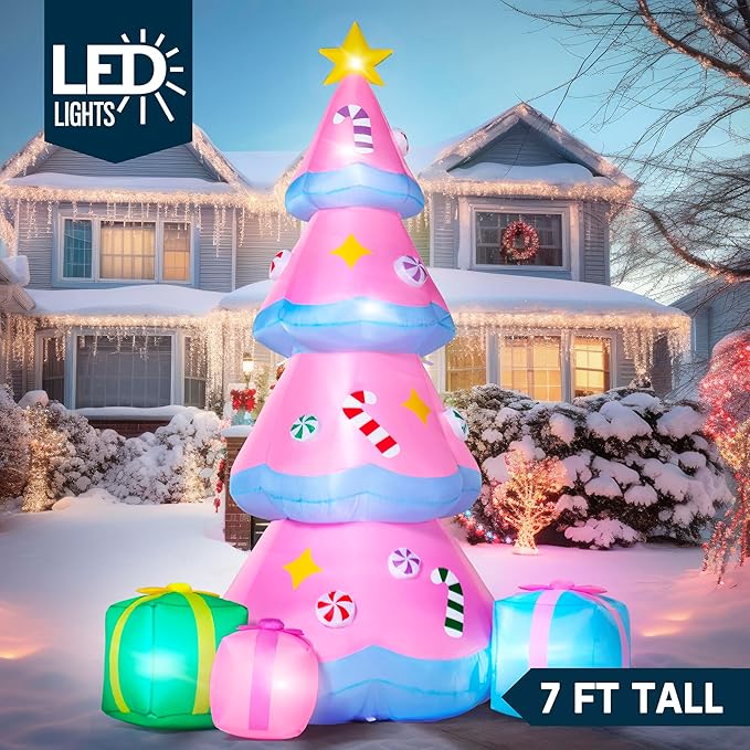 JOIEDOMI 7 FT Tall Christmas Tree Inflatables Outdoor Decoration, Christmas Inflatable Pink Tree with 3 Gift Boxes, Blow Up Xmas Tree with Build-in LEDs for Xmas Outdoor Yard Garden Lawn Decor