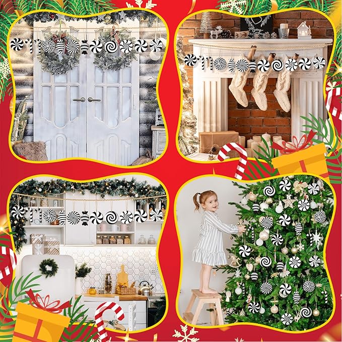 Qunclay 36 Pcs Christmas Candy Hanging Ornaments Wooden Christmas Tree Decorations Black and White Xmas Peppermint Lollipop Ornament Set for Holiday Birthday Party Decoration Supplies Crafts Gifts