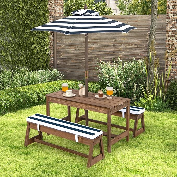 Costzon Kids Picnic Table, Toddler Wood Table & Chair Set w/Cushions, Height Adjustable Umbrella, Children Activity Table Outdoor Furniture Set for Patio, Garden, Backyard, Gift for Ages 3-8 (Blue)