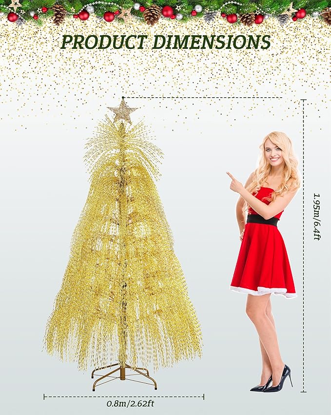 6.5ft Pre-Lit Artificial Christmas Tree, Christmas Tree with 180 LED Lights, 8 Lighting Modes, 2800 Tinsel Branches, Perfect for Indoor, Home, Party, Office, Apartment Decoration (Gold)