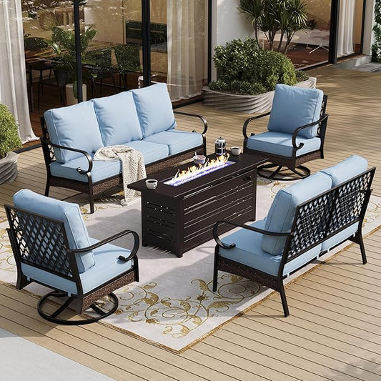 5 Piece Metal Outdoor Patio Furniture Sets with Firepit Table, Patio Conversation Sets 1 3-Seater Sofa, 1 2-Seater Loveseat, 2 Swivel Sofa with 5.75" Cushion for Backyard Deck, Blue