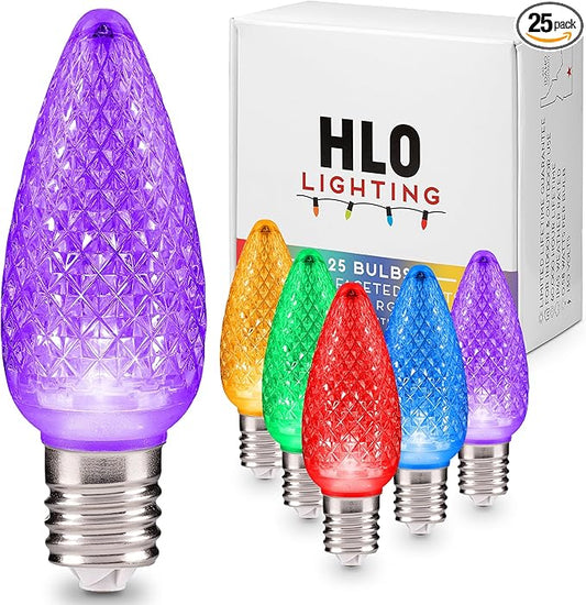HLO Lighting C9 LED Christmas Lights, Faceted C9 Christmas Light Bulbs for Indoor & Outdoor Décor 25, Multi (R, G, B, Y, P)