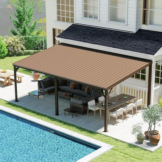 Domi 12' x 20' Lean to Gazebo, Wall Mounted Gazebos Pergola with Built in Drainage System, Galvanized Steel Roof, Hardtop Patio Shelter for Deck, Porch, Backyard and More,Brown