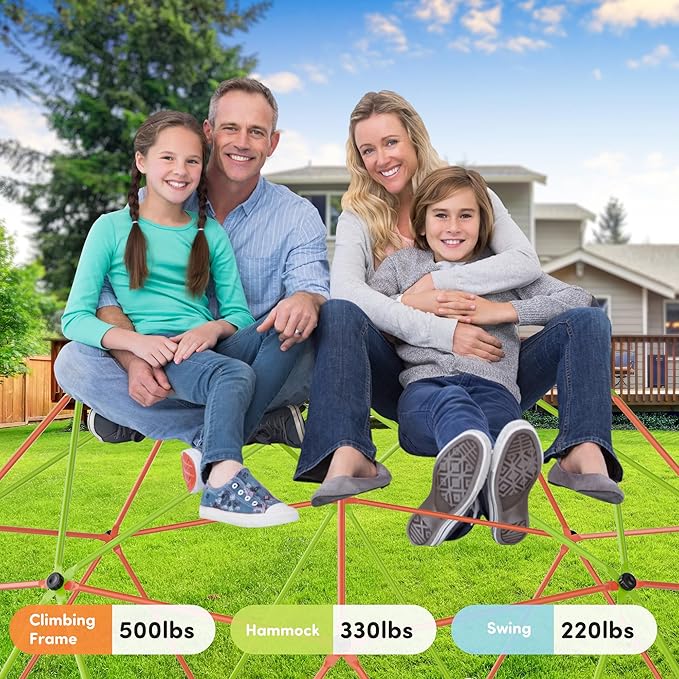 Jungle Gym 10FT X 10FT Climbing Dome with Swing & Hammock Outdoor Playset Support Up to 1000LBS Anti-Rust, Easy Assembly for Boys and Girls